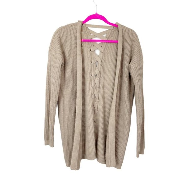 Poof! Sweaters - Poof Woman's Sz S‎ Tan Neutral Colored Lace Up Back Long Sleeve Cardigan Sweater